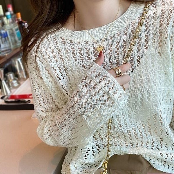 2026 Autumn and Summer New Sweet Youthful Hollow-Out Knit Sweater for Women, Trendy Thin Loose Slimming Solid Color Cover-Up Top for Women