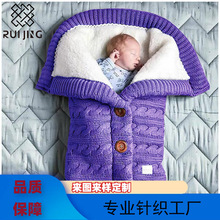 欧美秋冬婴儿推车睡袋户外纽扣宝宝针织睡袋毛线加绒加厚抱被