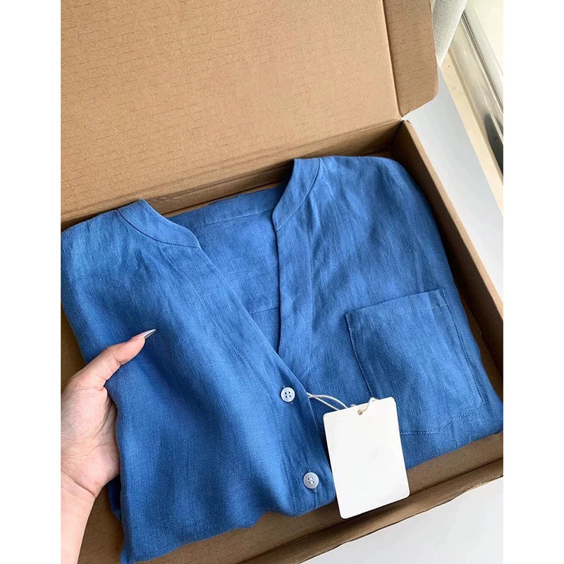 Klein Blue V-Neck Tencel Linen Shirt Jacket Women's Summer Old Money Style Outer Cotton and Linen Blouse Sun Protection Cardigan