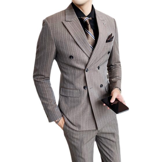 Spring New Men's Suit suit Korean-style Slim-fit Vertical Stripe Double-breasted Men's Suit Three-piece Wedding Best Man Suit