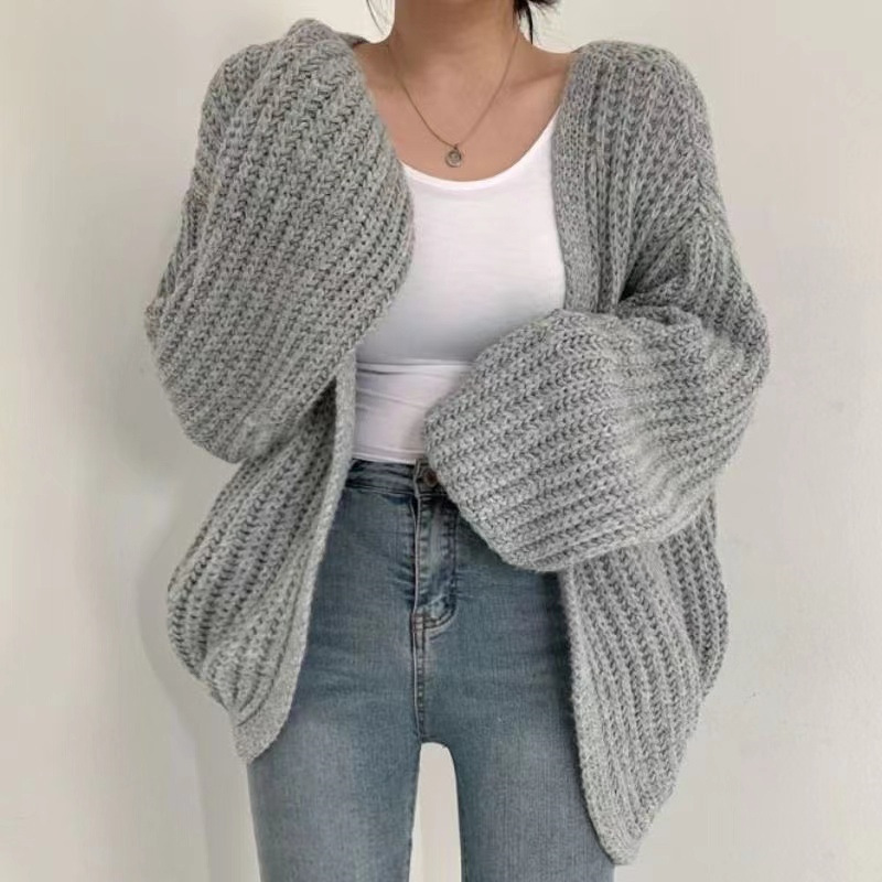 Coreano 2024 otoño nuevo estilo perezoso viento libre relajado casual linterna de color sólido manga de punto cardigan suéter mujer