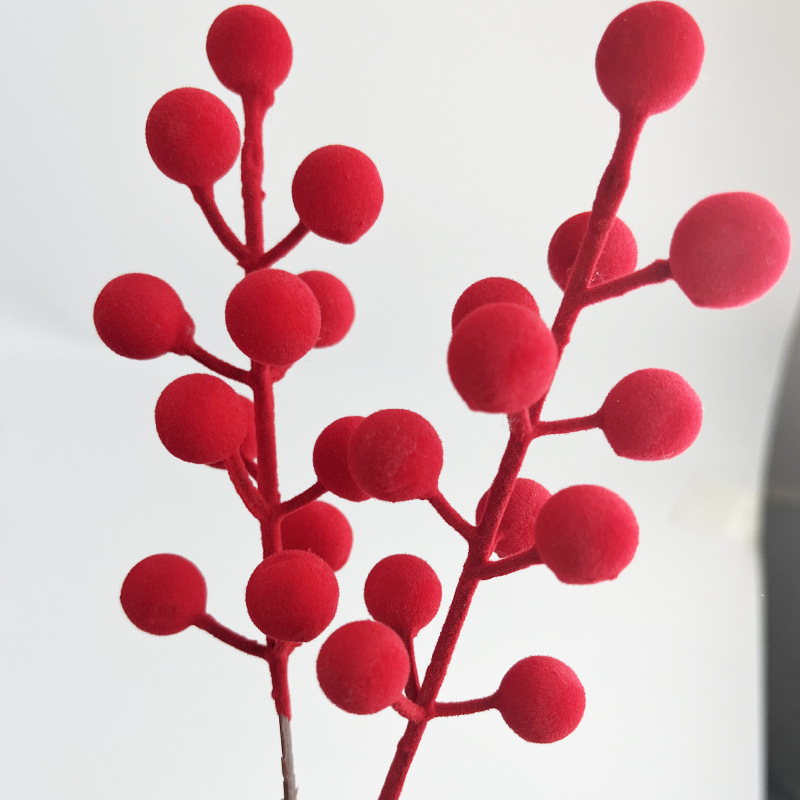 Ramas de Frutos Rojos Flocados de PVC para Decoración Navideña y Año Nuevo