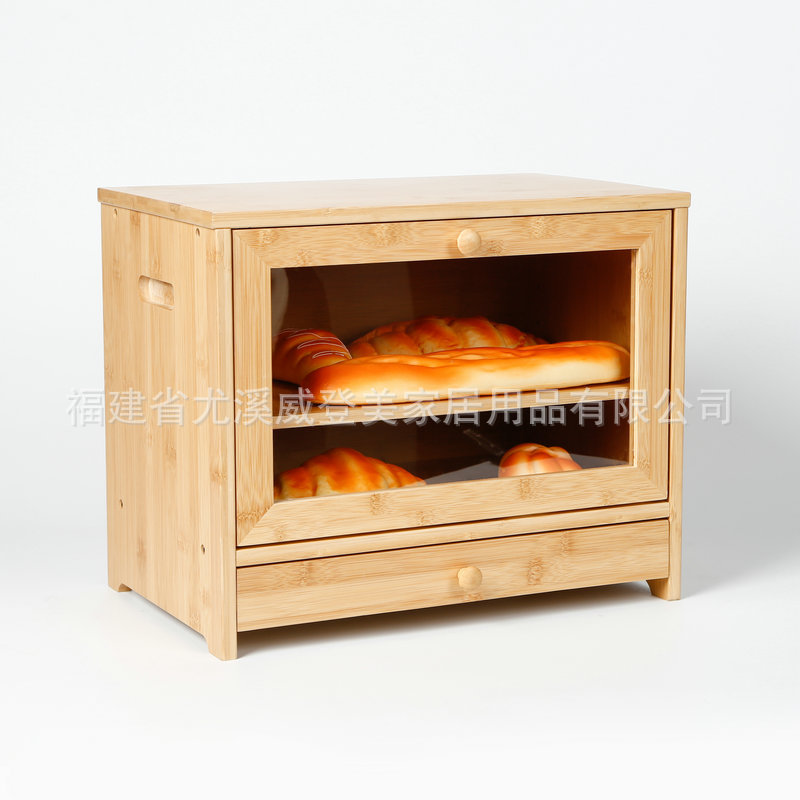 Caja de pastel de madera transfronteriza caja de almacenamiento de pan caja de pan de bambú con caja de almacenamiento de doble capa de cocina de vidrio transparente