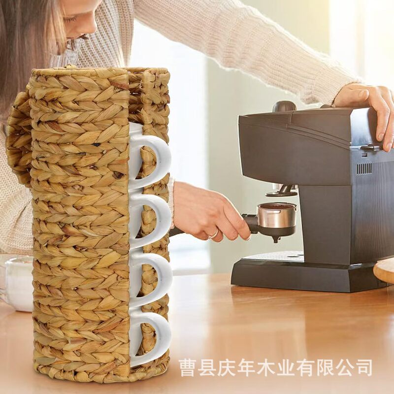 Water Hyacinth Cup Holder, Cup Rack, Storage Basket, Multi-Purpose Bathroom Tissue Basket, Straw Woven Basket with Lid, Straight Woven Basket
