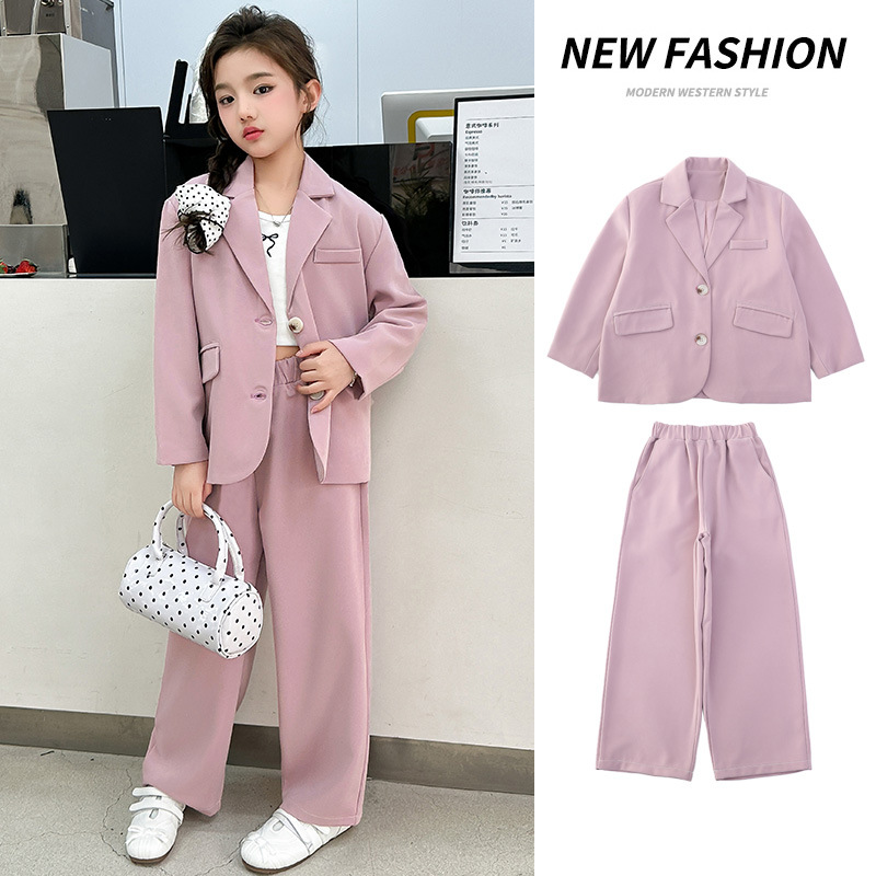 Stylish and fashionable girls' suit set, new spring and autumn 2026 style, trendy children's fashion trousers two-piece set.