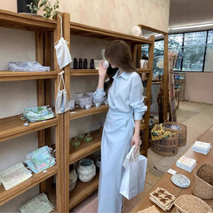 蓝屿海岛早秋设计感假两件天丝衬衫连衣裙收腰裙长裙
