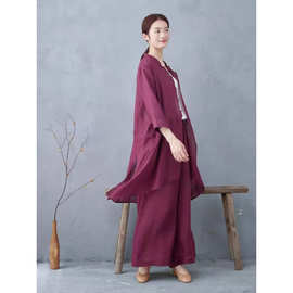 热销禅服佛系禅意素衣套装中式苎麻两件套斜襟居士服禅修服