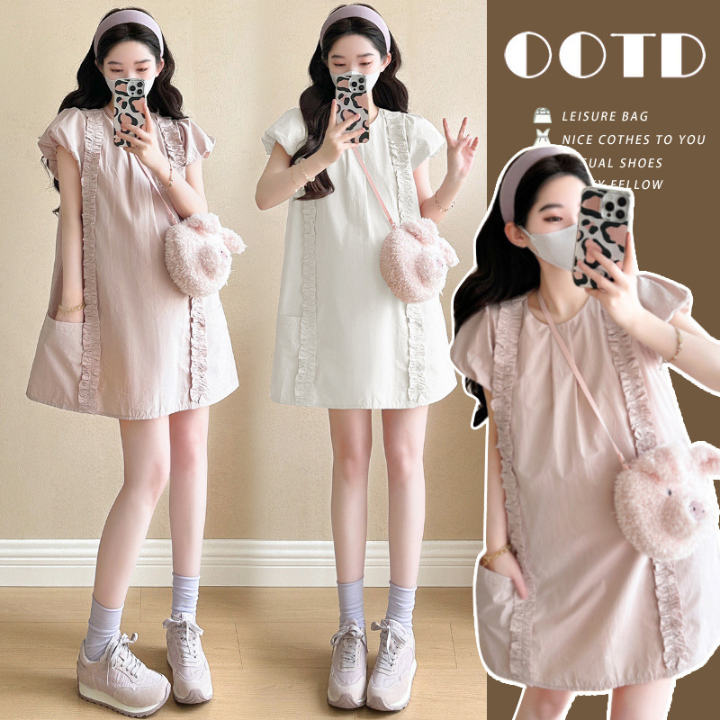 Real Photos Taken Now~ Internet Celebrity Maternity Summer Dress, Cotton Korean Style Maternity Dress, Age-Reducing French Style Petite Maternity Dress