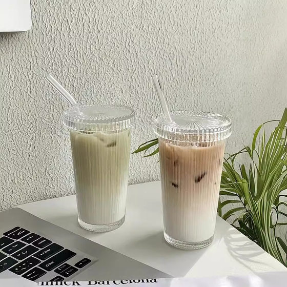 Cross-border Ins Style Simple Vertical Stripe Glass with Lid Suction Tube Cup High Color Value Juice Milk Coffee Beverage Cold Cup