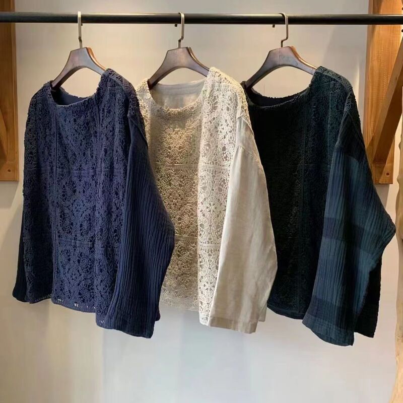 Japanese single stitching heavy-duty lace double-layer cotton yarn top for women Autumn New Age-reducing artistic all-match pullover shirt for women