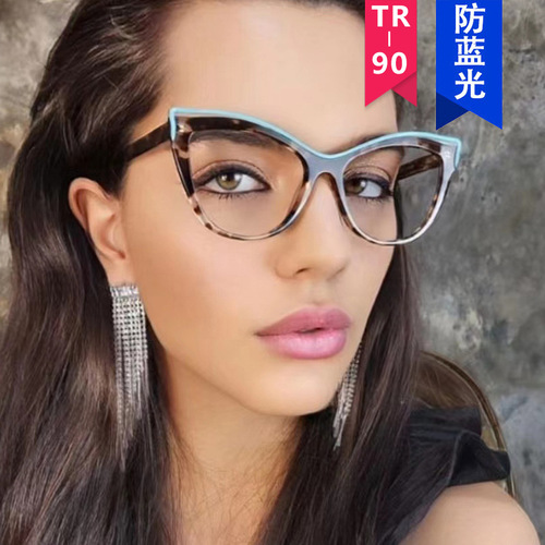 Cross-border large-frame anti-blue light glasses frame TR90 personalized splicing contrasting color stroke hot girl decoration street shooting flat mirror for women