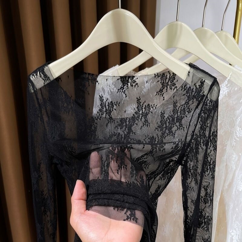 Sheer large round-neck lace base shirt for women, long-sleeved mesh top, 2025 new low-neck inner layer, lightweight mesh blouse Sheer large round-neck lace base shirt for women, long-sleeved mesh top, 2025 new low-neck inner layer, lightweight mesh blouse