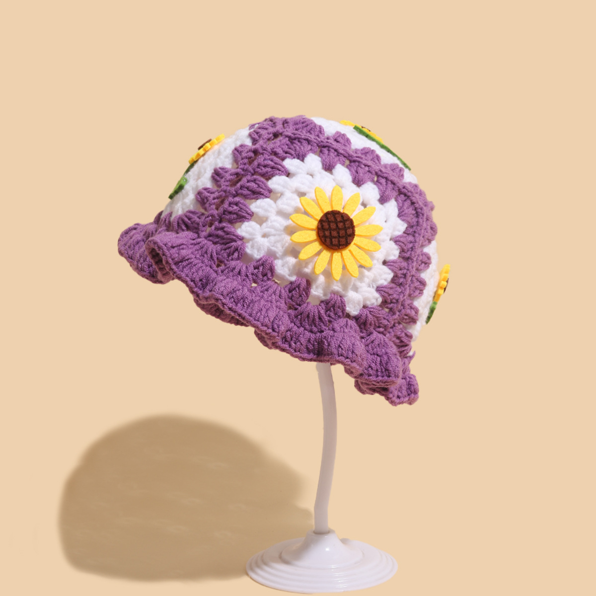 Cappello da pescatore con girasole tessuto a mano, autunno e inverno, carino cappello infantile con bordo a fungo, in lana all'uncinetto_voghion.com