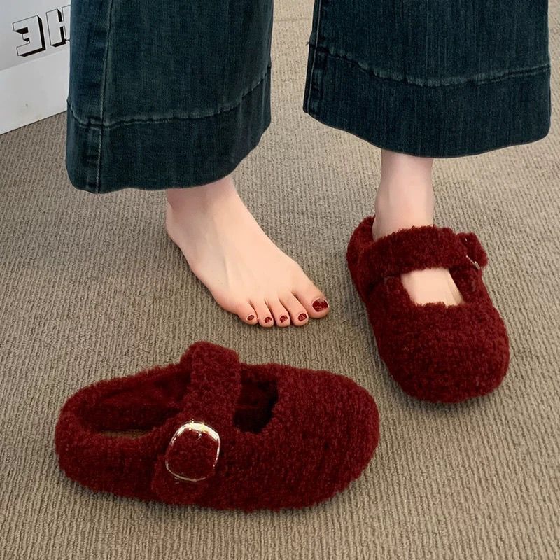 Red Birkenstock Toe-Toe Furry Slippers for Women's Outer Wear 2025 Autumn and Winter New Velvet Snow Boots Mary Jane Cotton Slippers
