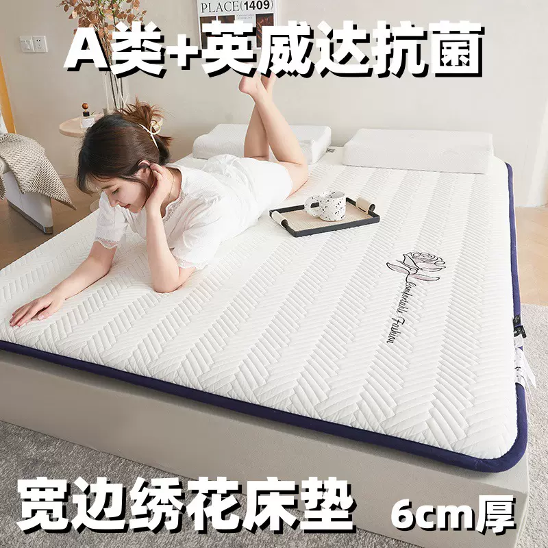 床垫家用卧室A类抗菌宽边可折叠学生宿舍透气纯色刺绣榻榻米垫子