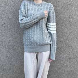 针织衫男女同款条纹麻花编织宽松圆领长袖毛衣细羊毛内搭宽松型