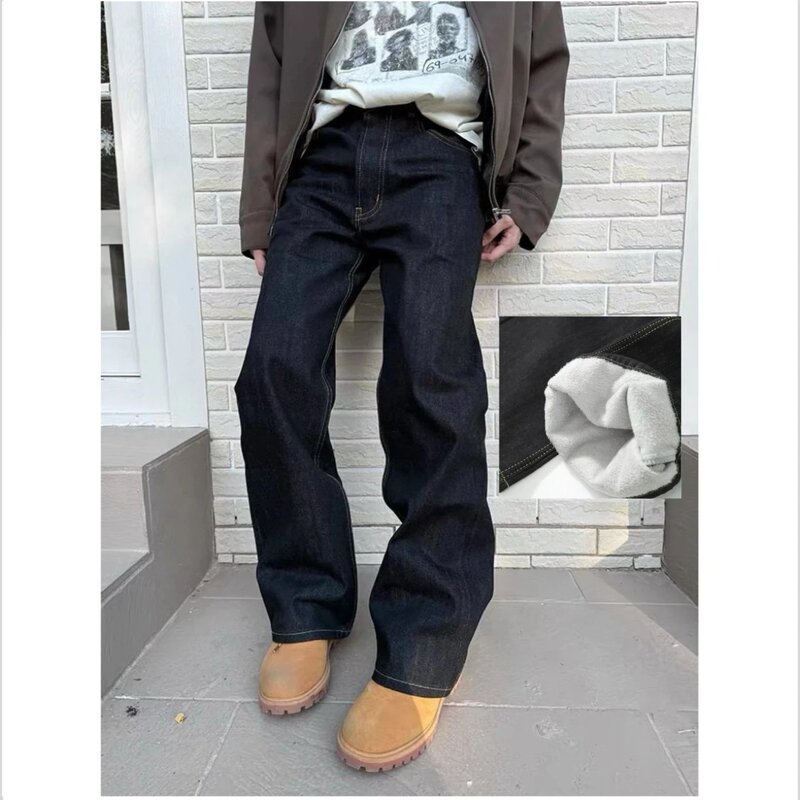 Winter Fleece-Lined Denim Composite Fleece American Denim Retro Washed Straight-Leg Slightly Wide Fleece-Lined Raw Denim Jeans
