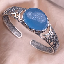 海蓝宝手环s925银镶嵌复古精致镂空宽版开口设计手镯大气时尚小众