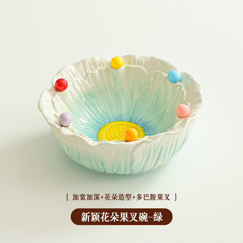 高脚糕点盘茶点盘花朵陶瓷水果盘下午茶点心盘不锈钢水果叉套装|undefined