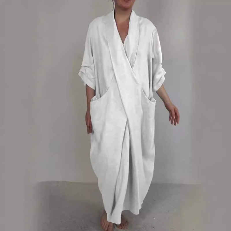 2024 independent station foreign trade summer and autumn_linen bathrobe skirt solid color casual pocket v collar slit dress 2024 independent station foreign trade summer and autumn_linen bathrobe skirt solid color casual pocket v collar slit dress