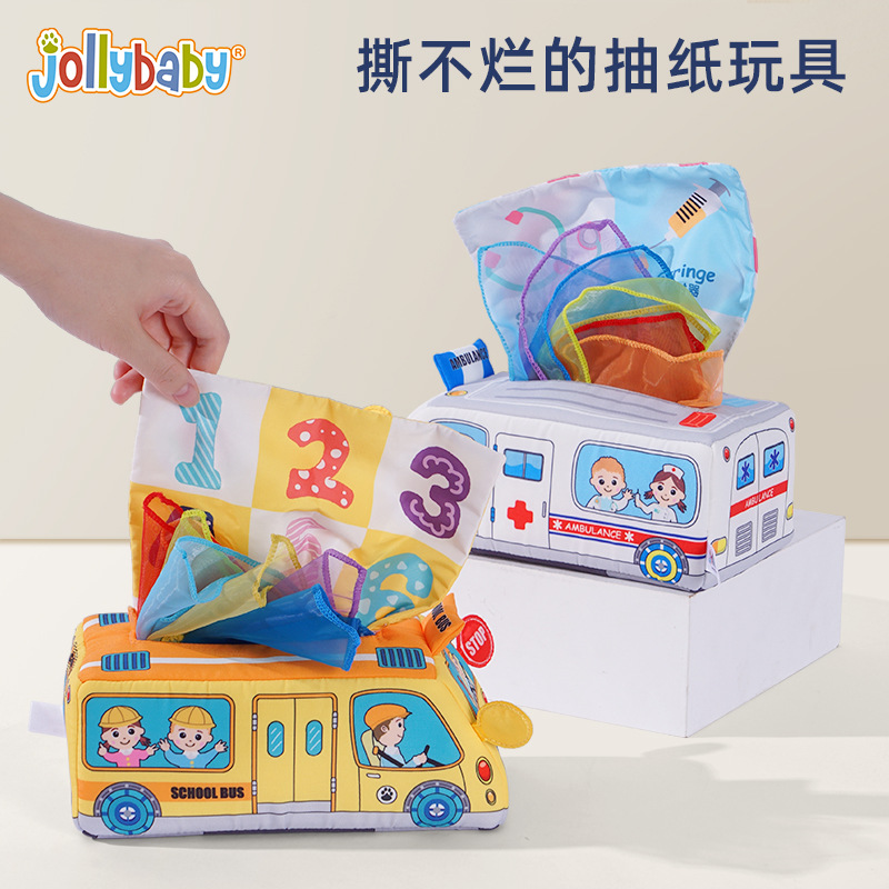 Caja de pañuelos Jolly Baby con música, bombeo con el dedo, entrenamiento sensorial para bebés de 3 meses, rompecabezas y juguetes educativos.