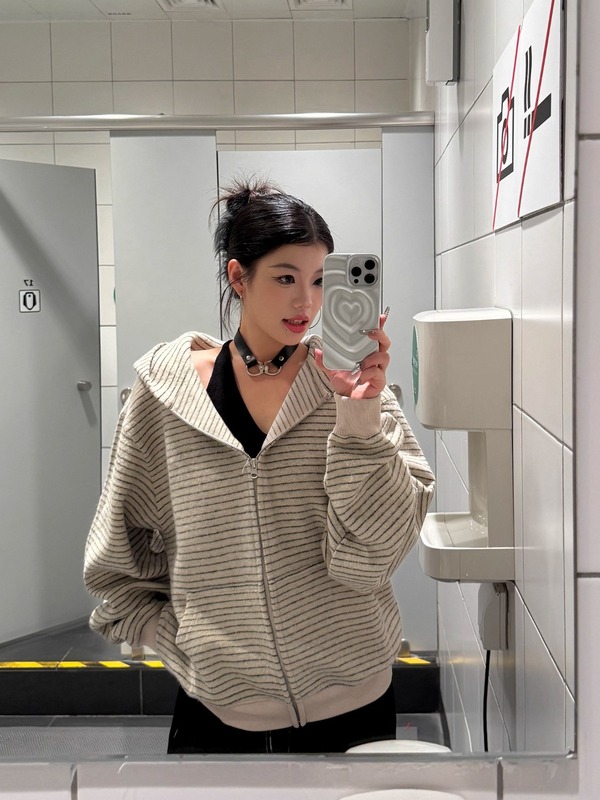 男女条纹连帽拉链外套小众休闲宽松开衫卫衣连帽卫衣男女情侣外套|undefined