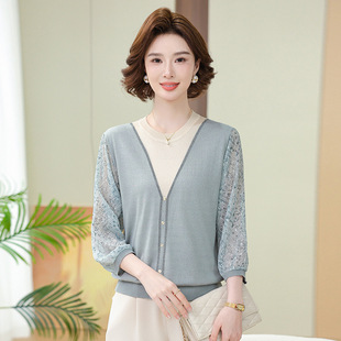 2025 New Spring and Summer Middle-aged and Elderly Mother's Women's Round Neck Seven-point Shirt with Shirt Sleeve Base-layer Fashion Diamond-encrusted Knitted Shirt
