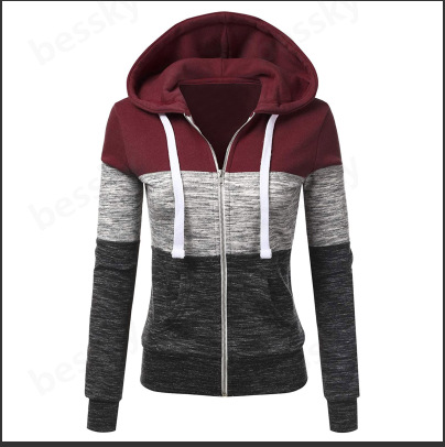 Damenbekleidung, modisch, lässig, dreifarbige Nähte, Kapuzenpullover, Strickjacke, Sweatshirt_voghion.com