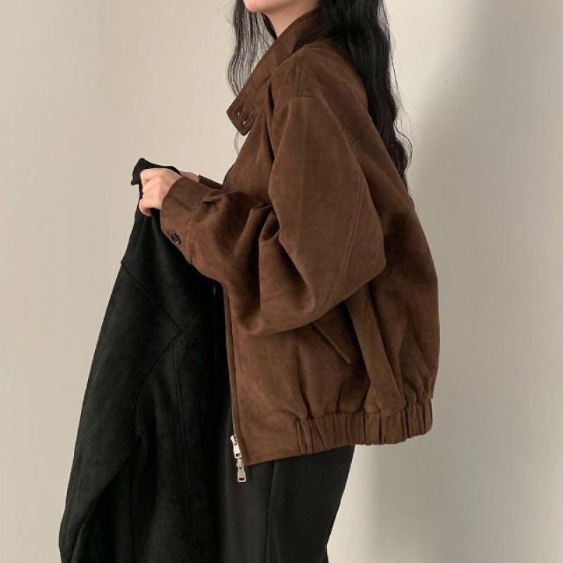 春秋新款仿其它绒外套女美拉德美式复古短款上衣宽松型显瘦夹克代|undefined