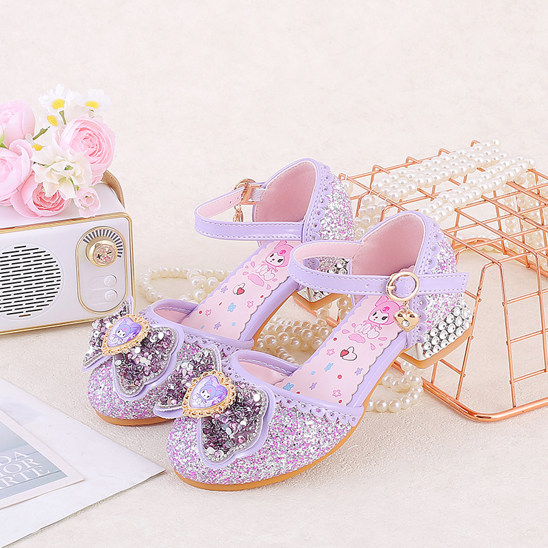 Girl's High Heel Purple Kulomi Soft Sole Sandals Summer Little Girl's Bow Rhinestone Flower Wrap-up Shoes Baby Shoes