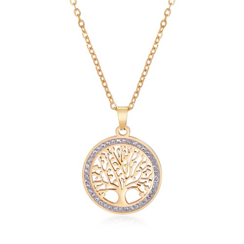 Foreign trade e-commerce cut titanium steel with diamond outer ring hollow tree pendant necklace feminine versatile stainless steel necklace