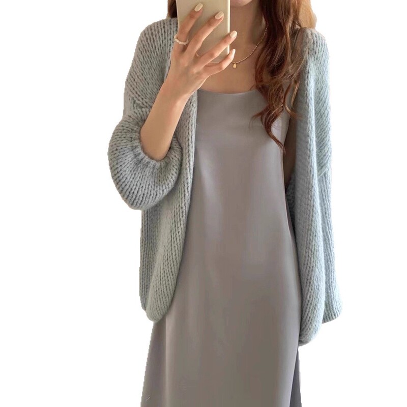 韩系慵懒风灯笼袖针织开衫女秋冬软糯毛衣外套宽松大版外搭罩衫|undefined