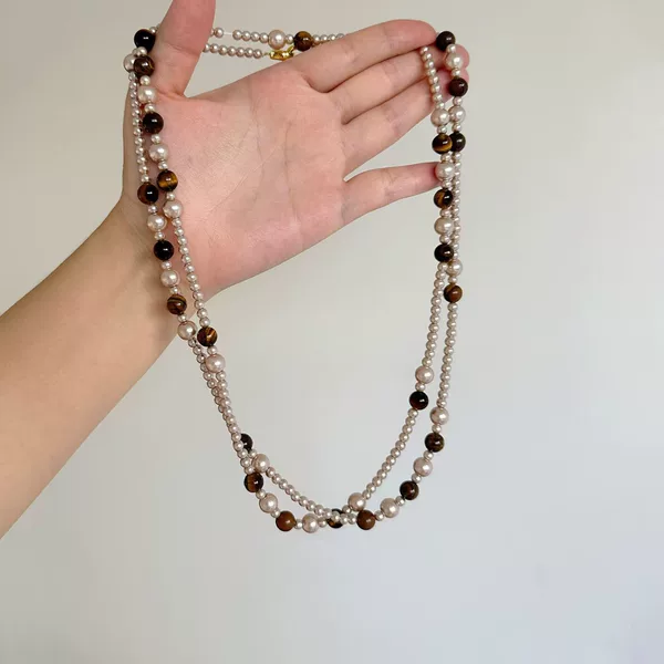 Maillard Retro Tiger Eye Stone Pearl Beaded Double-Layer Necklace Women's Accessible Luxury Niche Elegant Stacked Autumn and Winter Sweater Chain