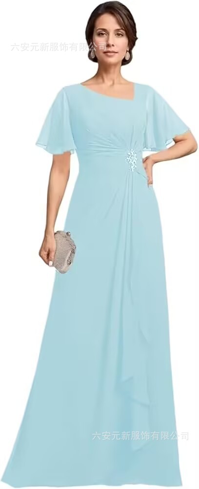 Vestido de novia de gasa de Amazon vestido de madre mariposa de manga corta plisada larga aplicación vestido de invitado de boda