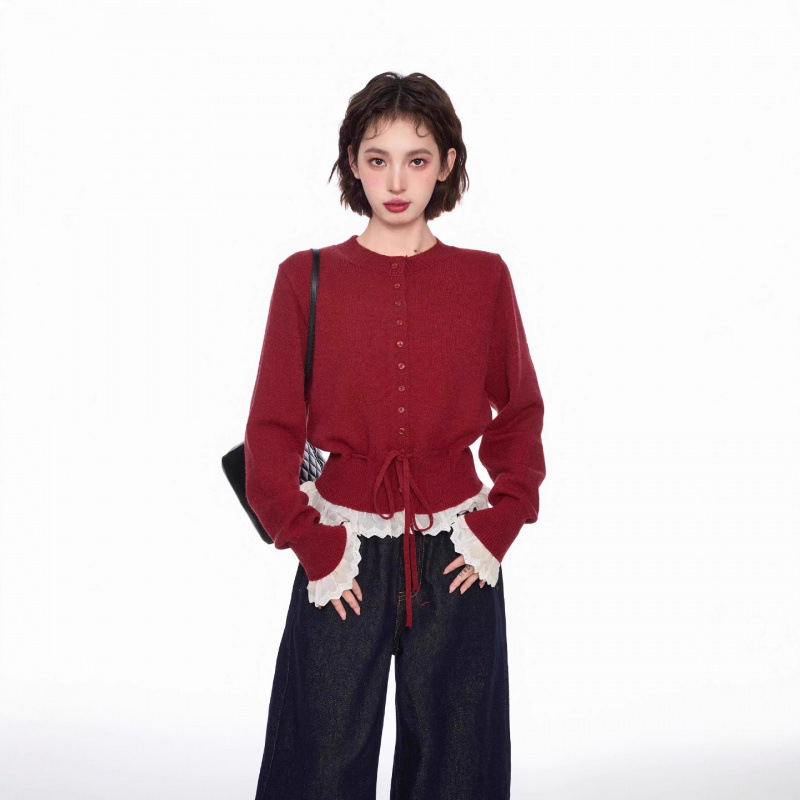 2025新款假两件蕾丝针织毛衣女秋冬季小个子短款收腰开衫外套上衣|undefined