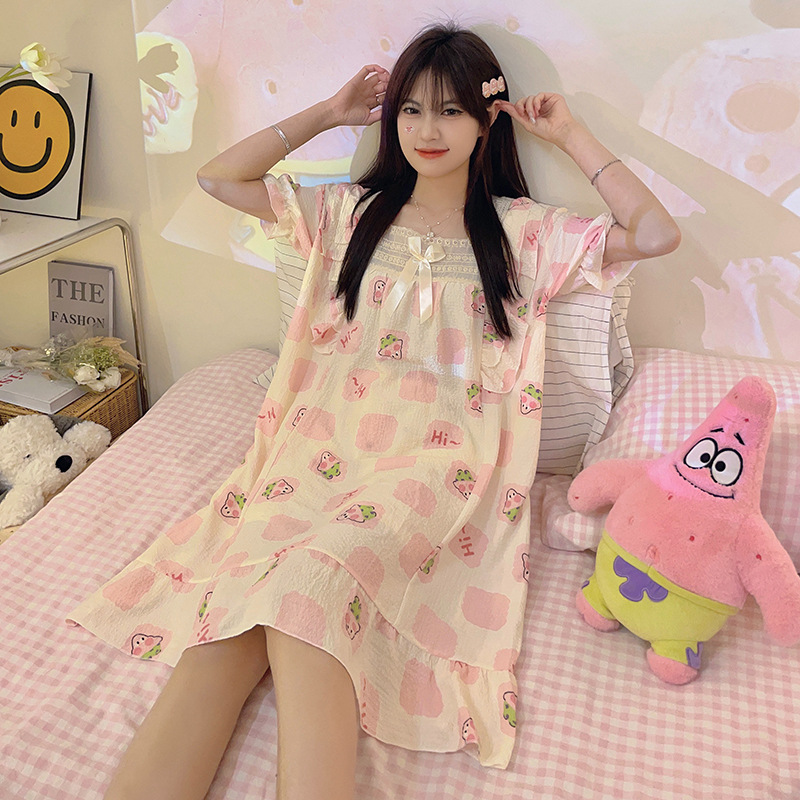 Pijama de mujer de verano tejido espuma tejida tela arrugada pijama de mangas cortas princesa vestido de viento suelto vestido de casa de verano