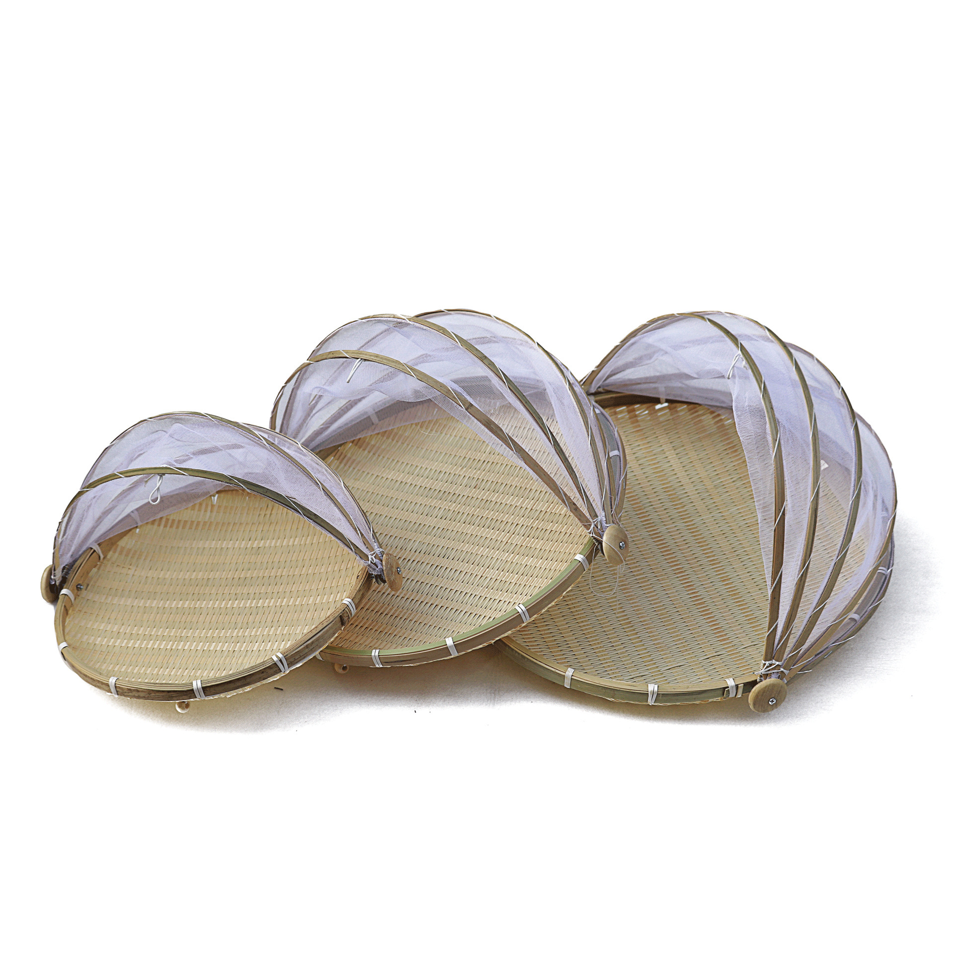 农家编织纱网圆形簸箕 竹编家用干货晾晒防蚊防虫收纳筐E18