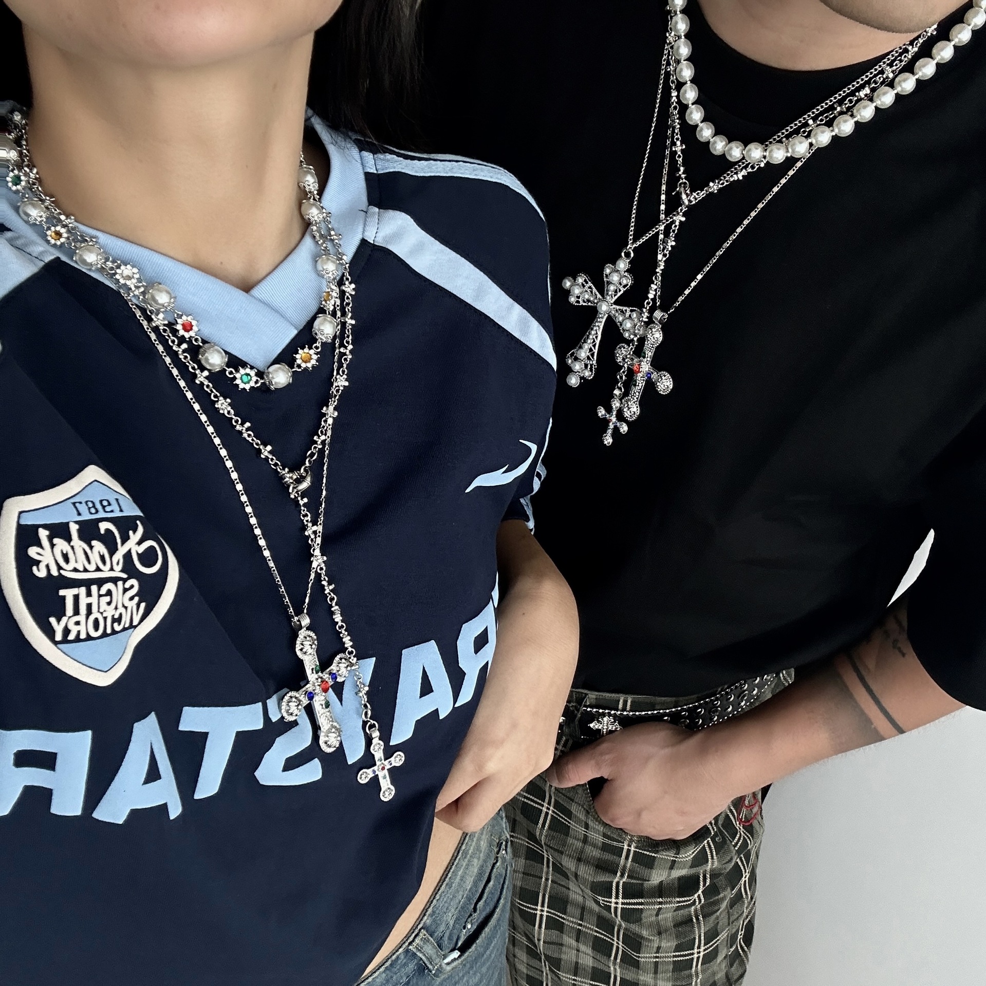 IG Style Cross Rhinestones Pearl Alloy Beaded Chain Cuban Link Chain Curb Chain Layered Necklaces Wholesale display picture 17
