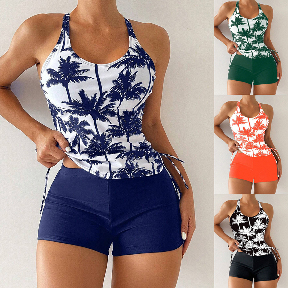 Amazon Bikini Women's Printed Boxer Cover Belly Slimming Holiday Style Tankini European and American Cross-Border Split Swimsuit Women