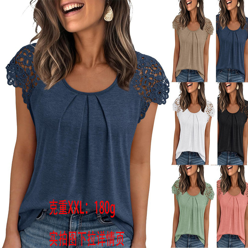 Amazon Cross-Border 2025 Summer Women's Clothing European and American New Women's Lace Sleeves Cut Out Short-Sleeved Round Neck Loose T-Shirt