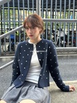 韩系早秋季氛围感穿搭藏蓝色复古波点针织衫开衫毛衣外套显瘦上衣
