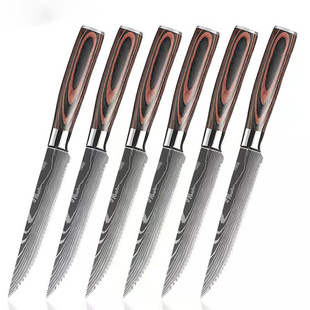 Factory in stock imitation Damascus laser color wood mirror light handle stainless steel Western food stewed steak knife sharp