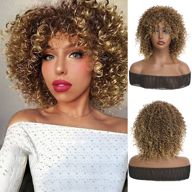 New European and American wig women's short curly hair African fluffy explosive headband bangs small roll fashion synthetic chemical fiber headgear