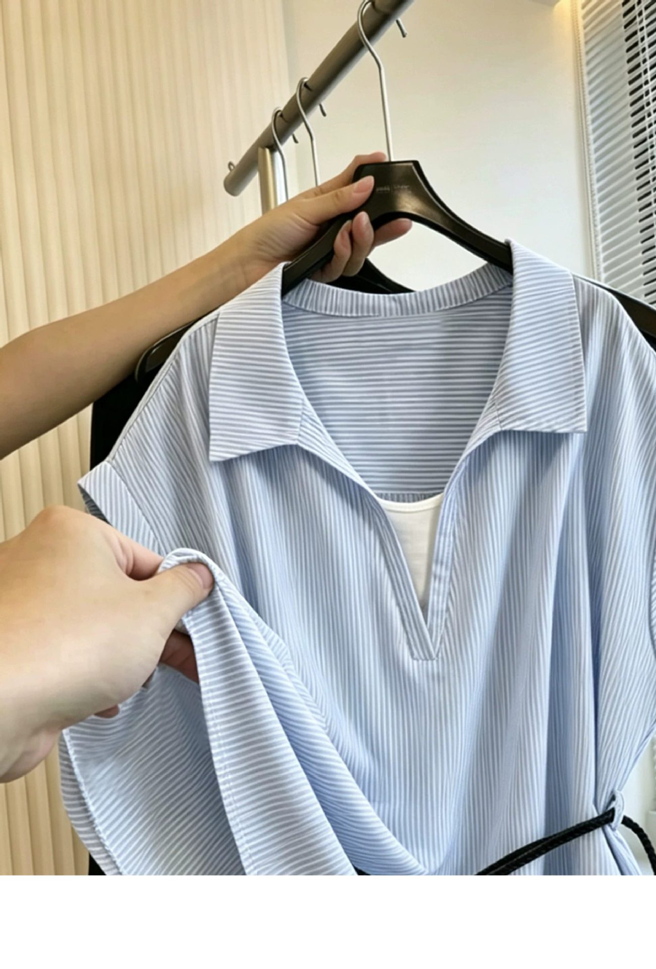 Áo thun nữ tay ngắn sọc kẻ eo phối hai lớp phong cách Hàn Quốc — xanh lam chi tiết 4