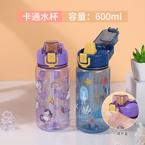 Summer Children's Cartoon Plastic Cup with Straw Portable Elementary School Students Shockproof Water Cup Cute Heat-resistant Cup for Girls and Boys