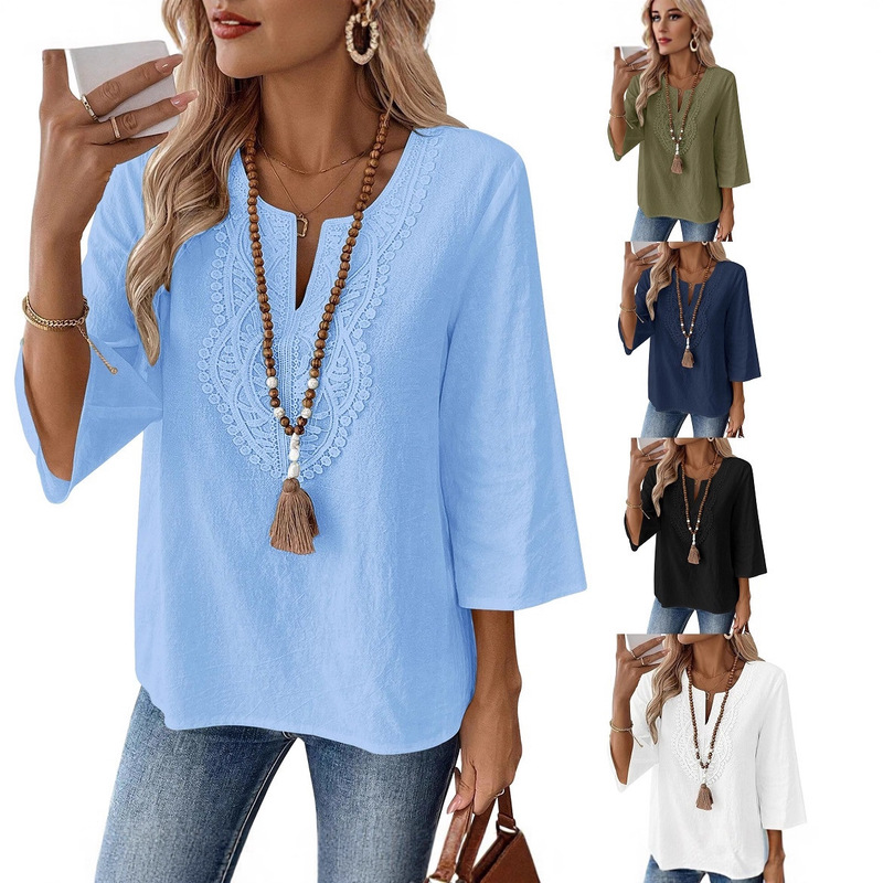 2026 Spring and Summer Amazon European and American Cross-Border Bohemian Style Women's Linen Lace V-Neck Three-Quarter Sleeve Shirt