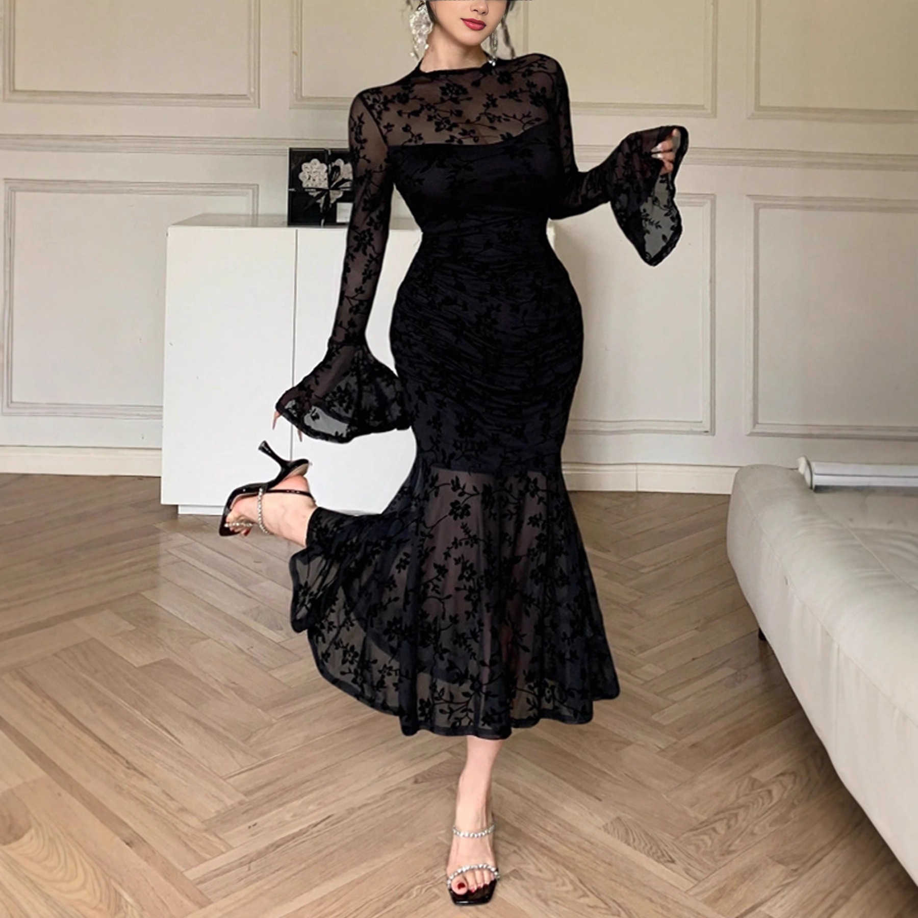 French-Style Niche High-End Trumpet Sleeve Sexy Mesh Flocked Bodycon Mermaid Dress Elegant Versatile Evening Gown