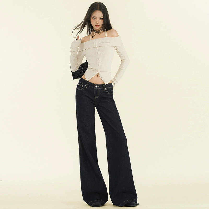 Dark blue retro jeans, demi-season trousers, loose fit
