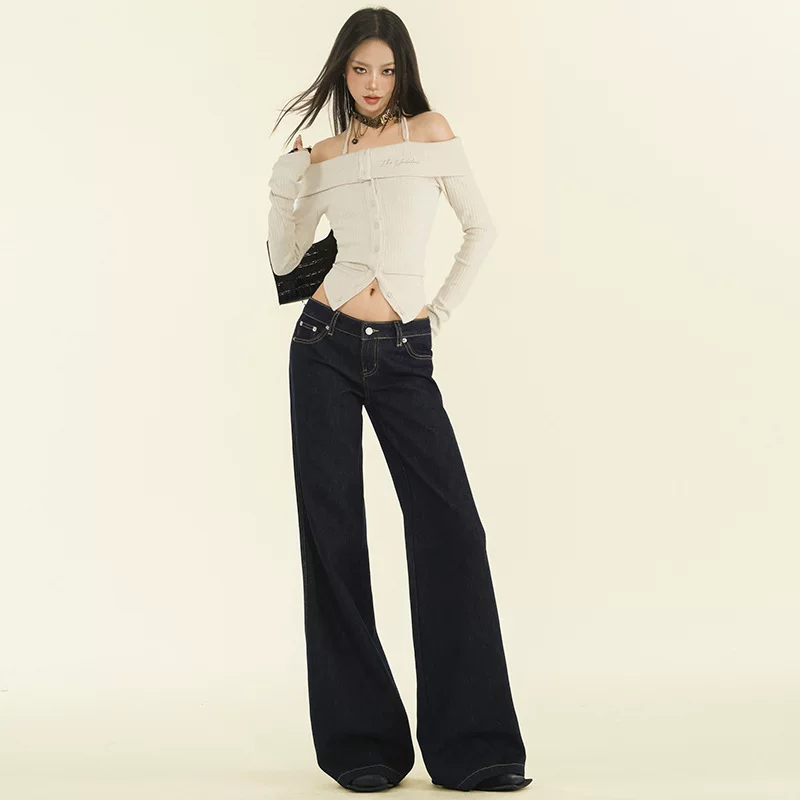 Dark blue retro jeans, demi-season trousers, loose fit