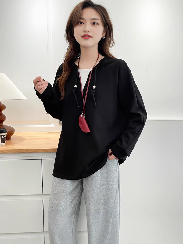 工厂直发假两件抽绳时尚休闲卫衣春秋新款大码女装宽松显瘦打底衫|undefined